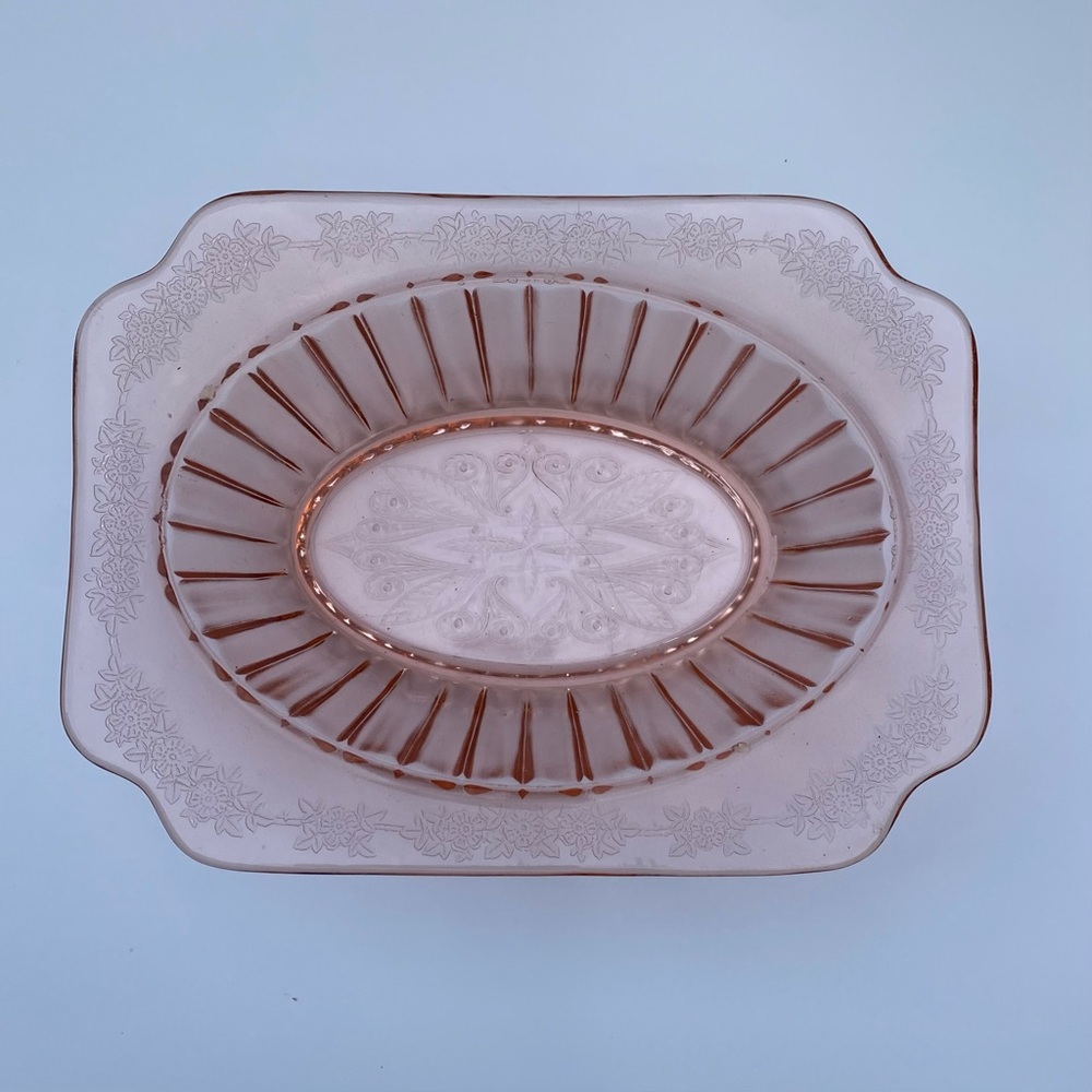 Pink rectangular depression glass bowl, flowers etched along rim and base VTG
